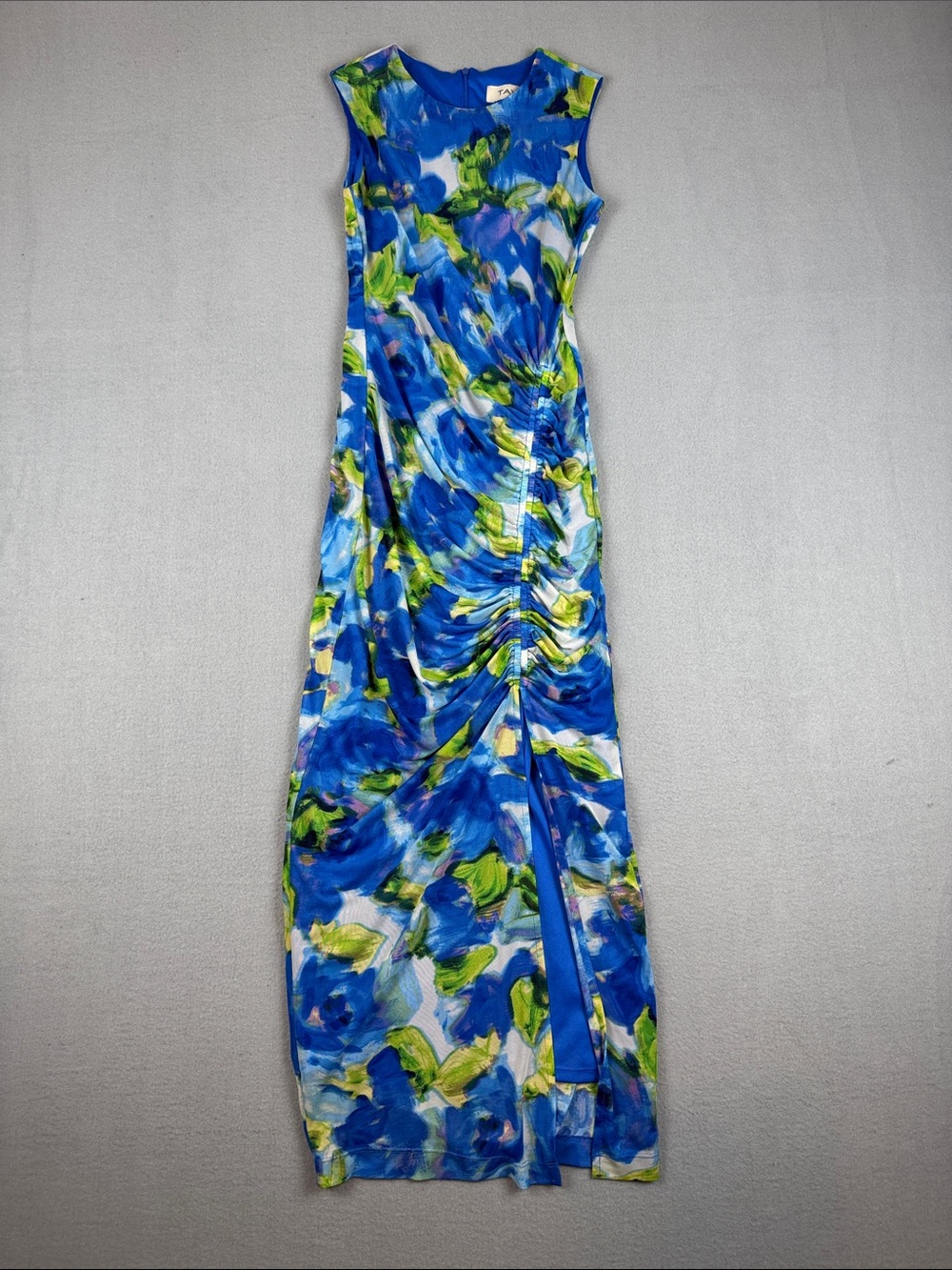 Taylor Blue & Green Floral Ruched Body-con Maxi Dress w/slit
Size: XS